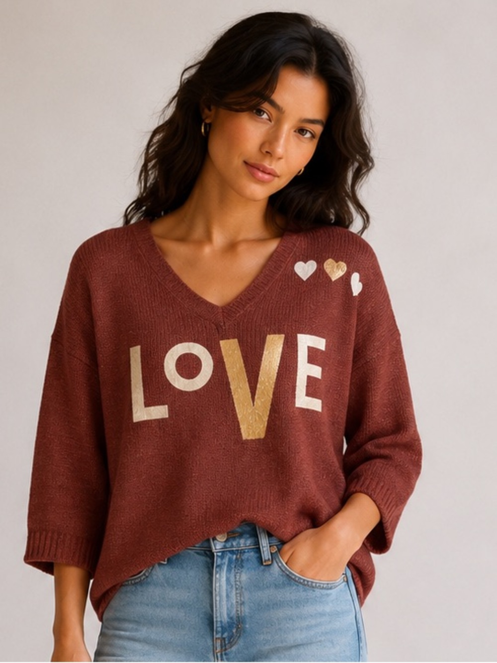 Women's V-Neck 'Love' Sweater in Deep Rust